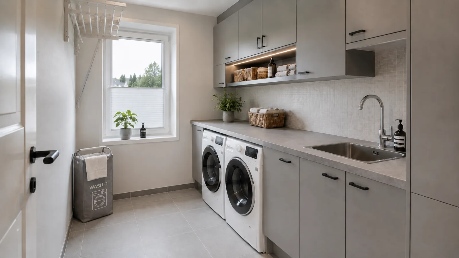 Moderne vaskerom med vaskemaskin, tørkestativ, benkeplate, servant, skap og dagslys