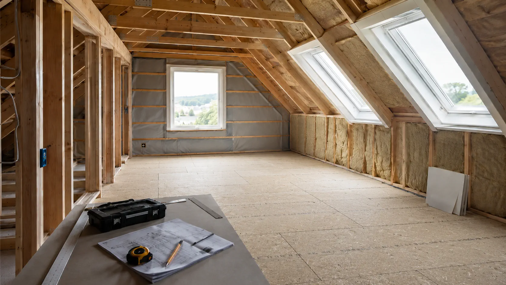 Loft under innredning med synlig reisverk, isolasjon, takvinduer og tegninger