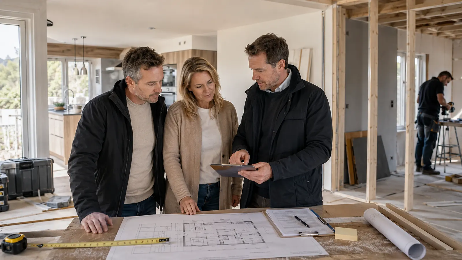 Prosjektleder og boligeiere går gjennom tegninger på byggeplass under renovering