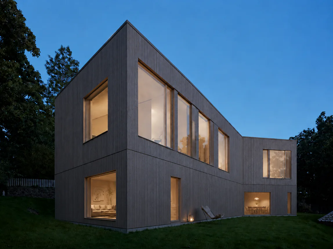 Drøbak detached home with bright windows and vertical timber facade at dusk