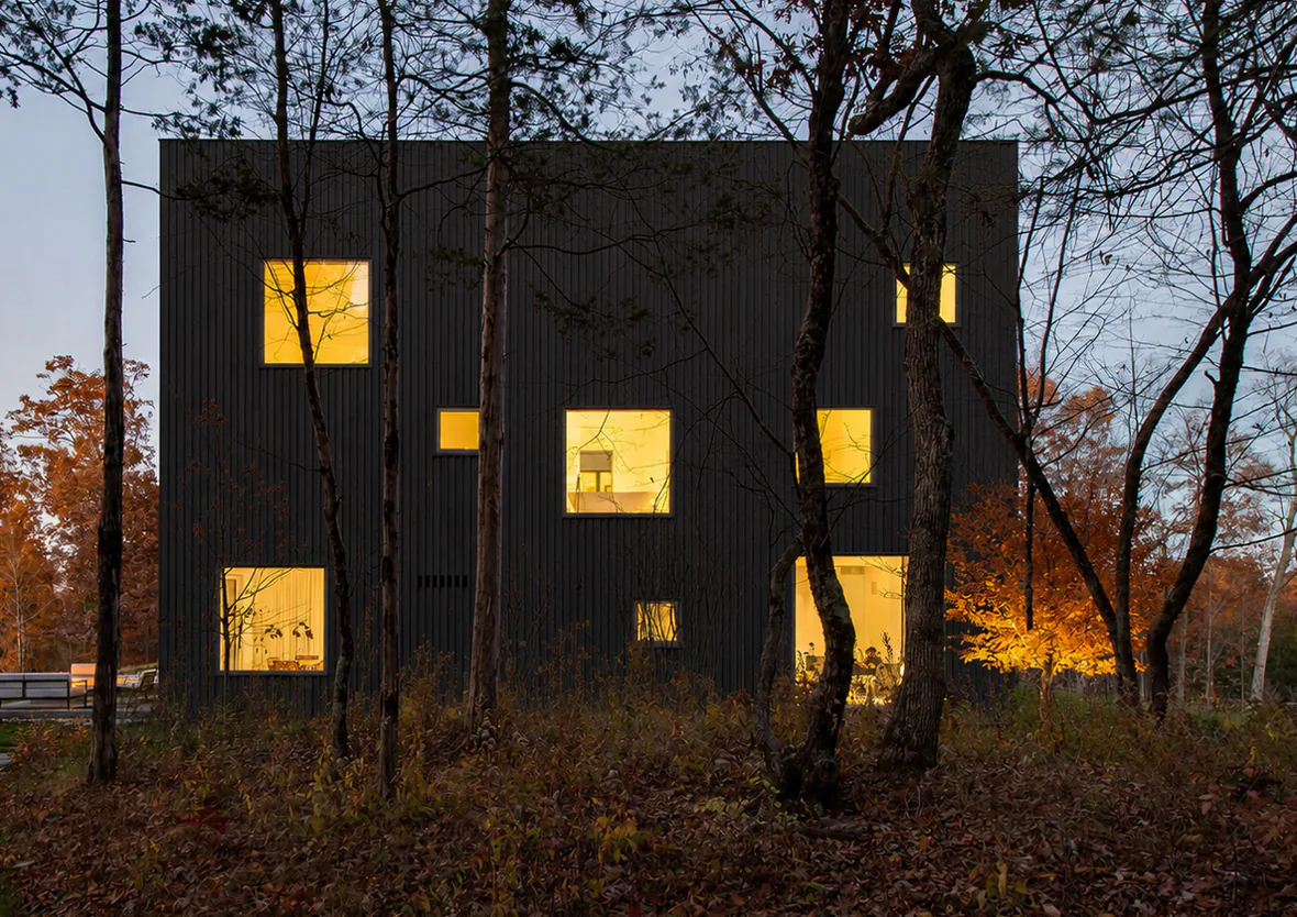Oslo detached home with dark facade glowing through evening trees